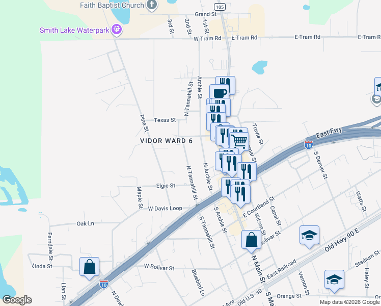 map of restaurants, bars, coffee shops, grocery stores, and more near 880 North Tannahill Street in Vidor