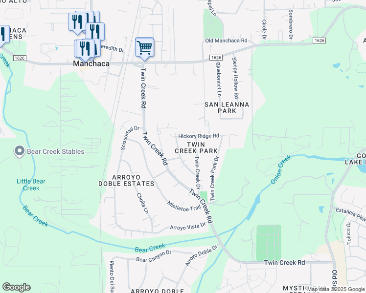 map of restaurants, bars, coffee shops, grocery stores, and more near 600 Sparkle Drive in Manchaca