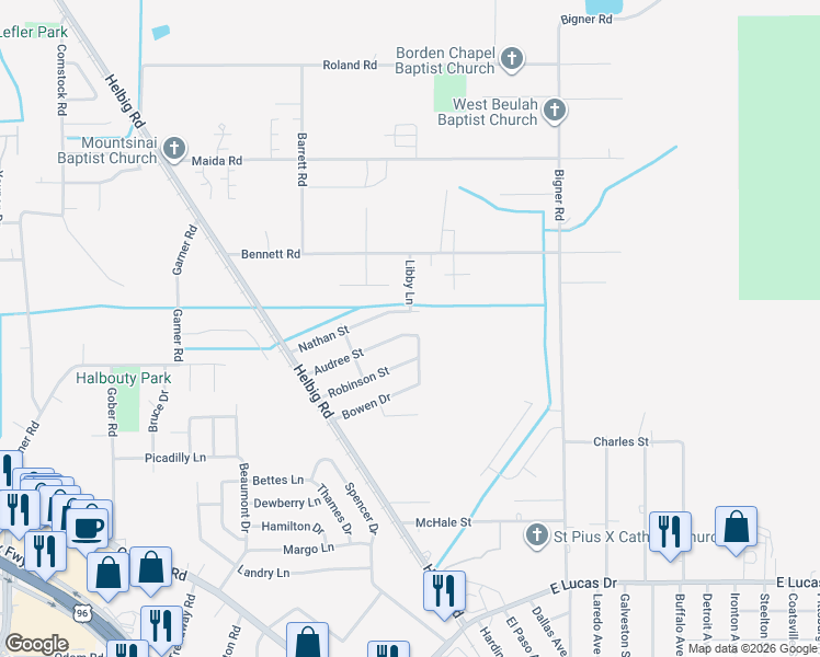 map of restaurants, bars, coffee shops, grocery stores, and more near 3520 Audree Street in Beaumont