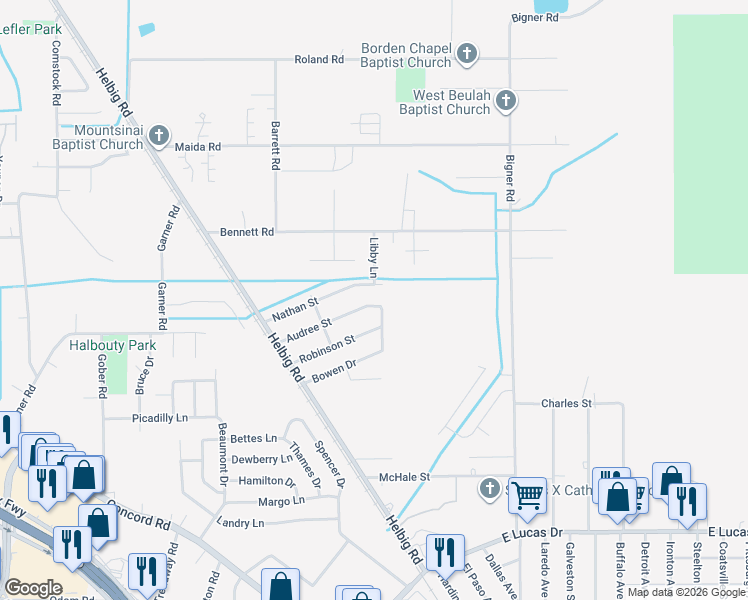 map of restaurants, bars, coffee shops, grocery stores, and more near 3625 Audree Street in Beaumont