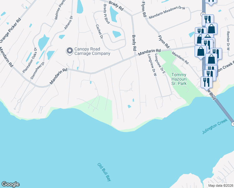 map of restaurants, bars, coffee shops, grocery stores, and more near 12832 Bay Plantation Drive in Jacksonville