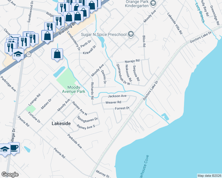 map of restaurants, bars, coffee shops, grocery stores, and more near 5487 Gordon Court in Orange Park