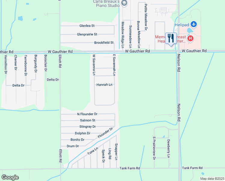 map of restaurants, bars, coffee shops, grocery stores, and more near 7153 East Savannah Lane in Lake Charles