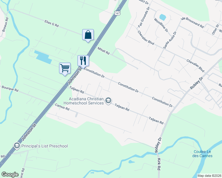 map of restaurants, bars, coffee shops, grocery stores, and more near 207 Marquette Drive in Lafayette