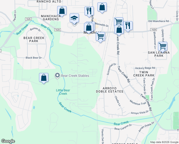 map of restaurants, bars, coffee shops, grocery stores, and more near 12406 Wirth Drive in Manchaca