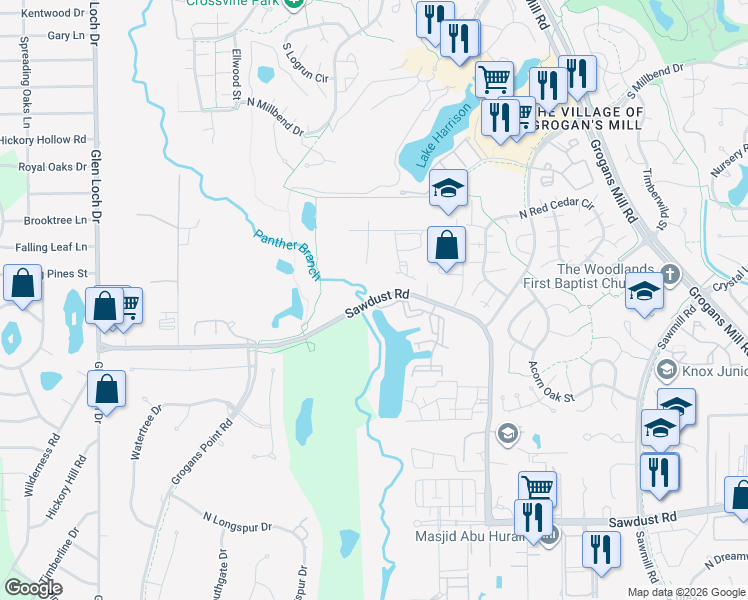 map of restaurants, bars, coffee shops, grocery stores, and more near 2499 Sawdust Road in Spring