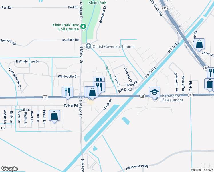 map of restaurants, bars, coffee shops, grocery stores, and more near 7150 Texas 105 in Beaumont