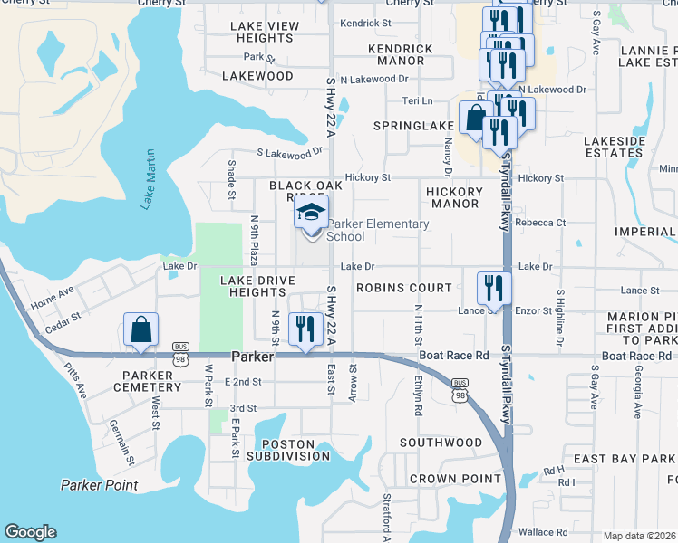 map of restaurants, bars, coffee shops, grocery stores, and more near 636 Arrow Street in Panama City