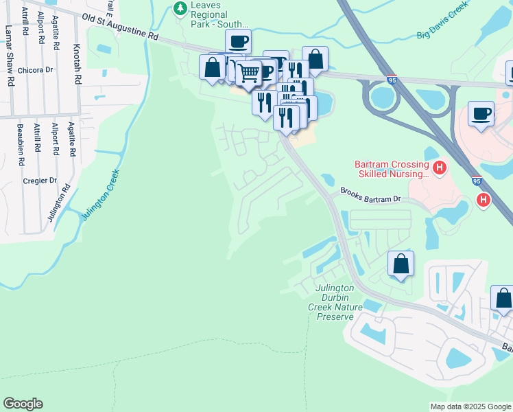 map of restaurants, bars, coffee shops, grocery stores, and more near 5792 Sandstone Way in Jacksonville