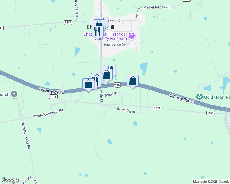 map of restaurants, bars, coffee shops, grocery stores, and more near 9161 Johns Street in Chappell Hill