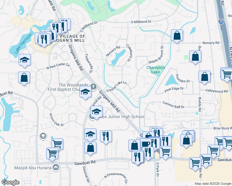 map of restaurants, bars, coffee shops, grocery stores, and more near 5 Lynx Lane in Spring