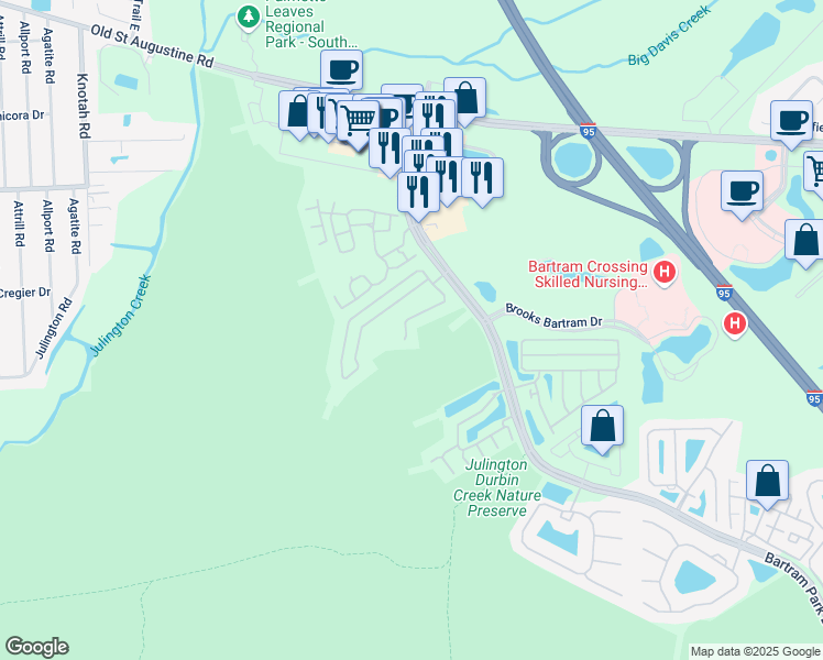 map of restaurants, bars, coffee shops, grocery stores, and more near 5922 Rocky Mount Drive in Jacksonville