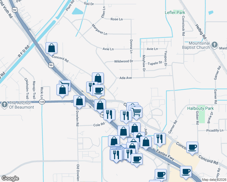 map of restaurants, bars, coffee shops, grocery stores, and more near 6910 Concord Road in Beaumont