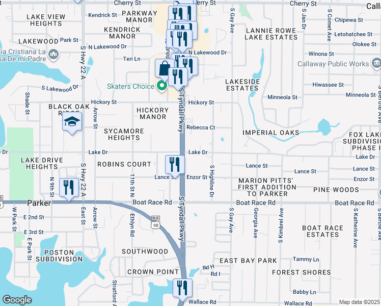 map of restaurants, bars, coffee shops, grocery stores, and more near 5618 Lake Drive in Callaway