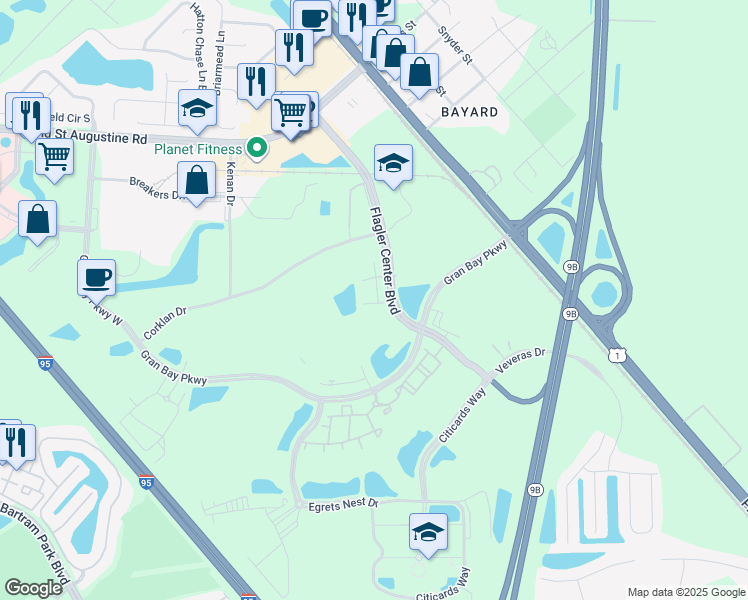 map of restaurants, bars, coffee shops, grocery stores, and more near 12911 Ludo Road in Jacksonville