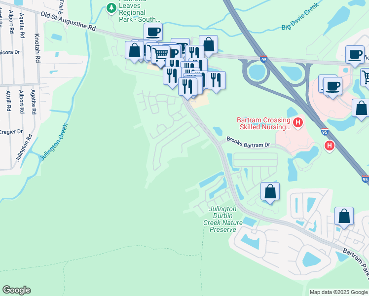 map of restaurants, bars, coffee shops, grocery stores, and more near 5922 Rocky Mount Drive in Jacksonville