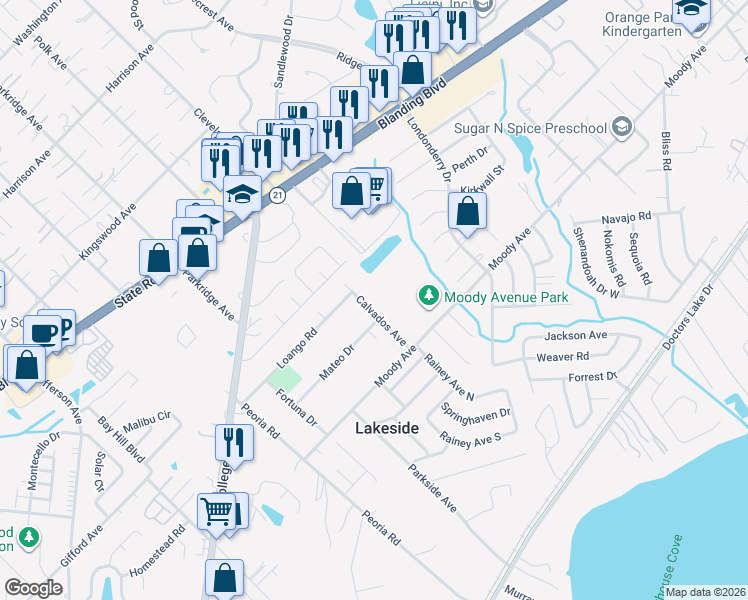 map of restaurants, bars, coffee shops, grocery stores, and more near 3510 Moody Avenue in Orange Park