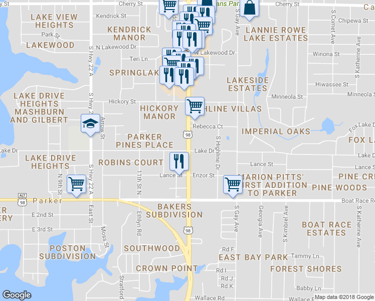 map of restaurants, bars, coffee shops, grocery stores, and more near 698 South Tyndall Parkway in Callaway