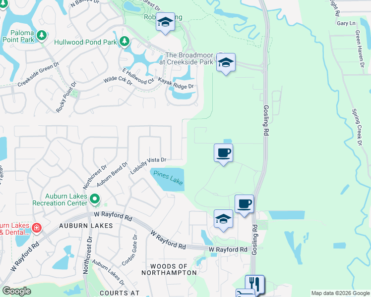 map of restaurants, bars, coffee shops, grocery stores, and more near 25222 Evergreen Bend Drive in Spring