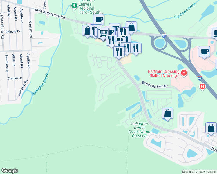 map of restaurants, bars, coffee shops, grocery stores, and more near 5792 Sandstone Way in Jacksonville