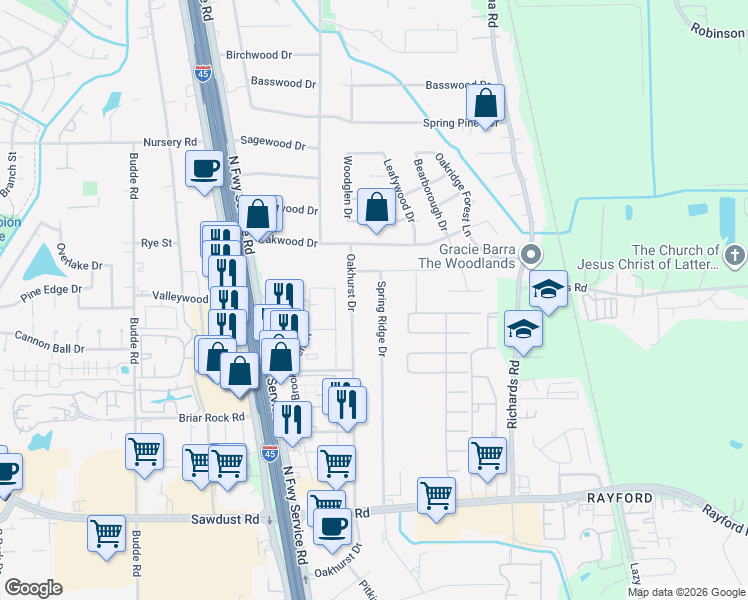 map of restaurants, bars, coffee shops, grocery stores, and more near 25603 Spring Ridge Drive in Spring