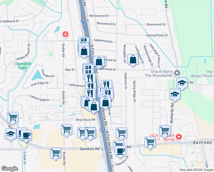 map of restaurants, bars, coffee shops, grocery stores, and more near 20 Briarcrest Drive in Spring