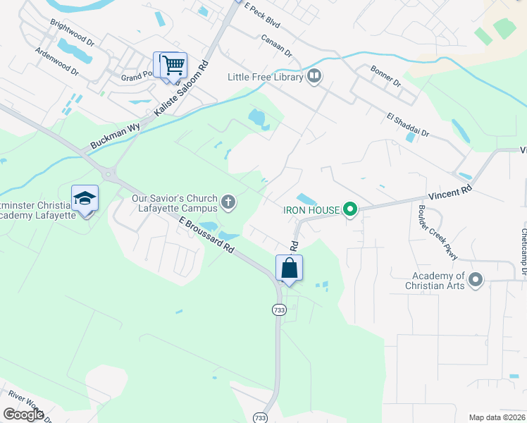map of restaurants, bars, coffee shops, grocery stores, and more near 119 Gumbo Road in Lafayette