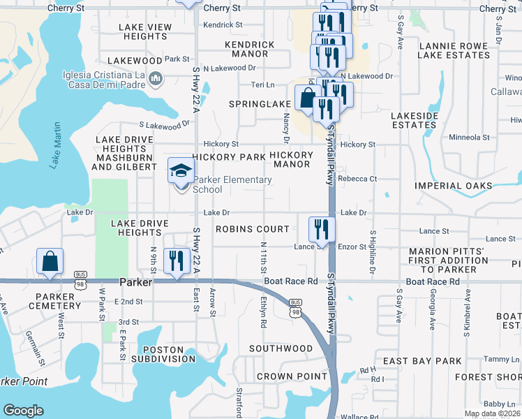 map of restaurants, bars, coffee shops, grocery stores, and more near 634 11th Street North in Panama City