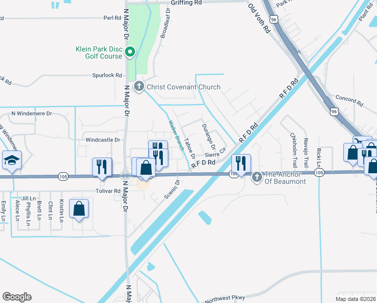 map of restaurants, bars, coffee shops, grocery stores, and more near 6360 Tahoe Drive in Beaumont