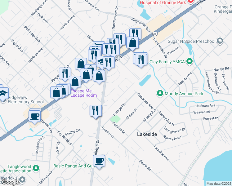 map of restaurants, bars, coffee shops, grocery stores, and more near 2510 Richard Court in Orange Park