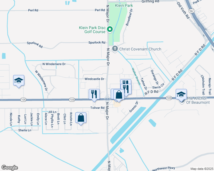 map of restaurants, bars, coffee shops, grocery stores, and more near 6035 North Major Drive in Beaumont