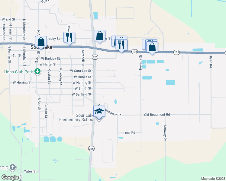 map of restaurants, bars, coffee shops, grocery stores, and more near 265 East Barfield Street in Sour Lake