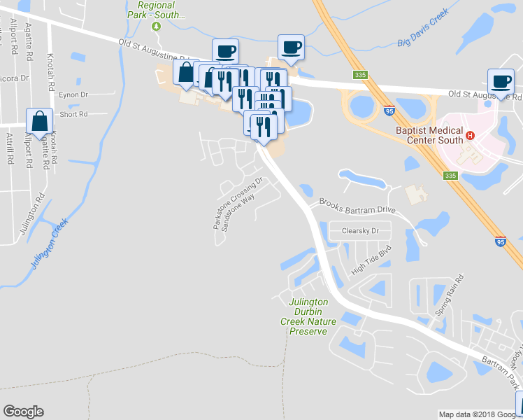 map of restaurants, bars, coffee shops, grocery stores, and more near 5922 Rocky Mount Drive in Jacksonville