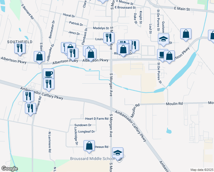map of restaurants, bars, coffee shops, grocery stores, and more near 1000 South Morgan Avenue in Broussard