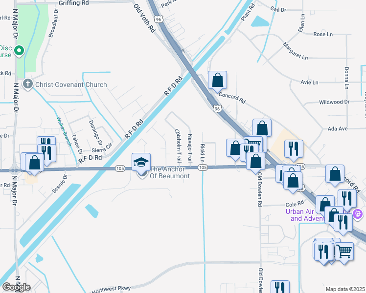 map of restaurants, bars, coffee shops, grocery stores, and more near 6020 Chisholm Trail in Beaumont
