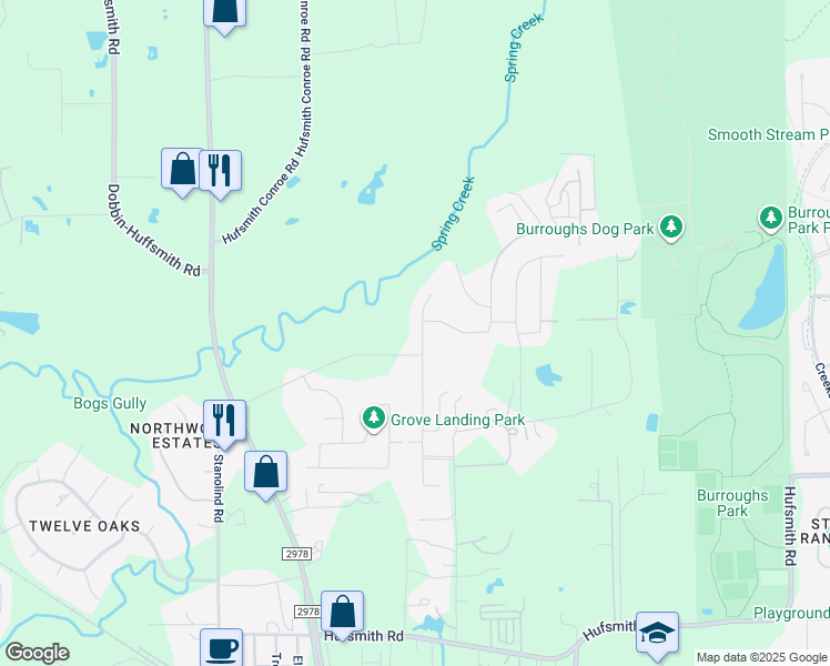 map of restaurants, bars, coffee shops, grocery stores, and more near 25615 Pinyon Hill Trail in Tomball