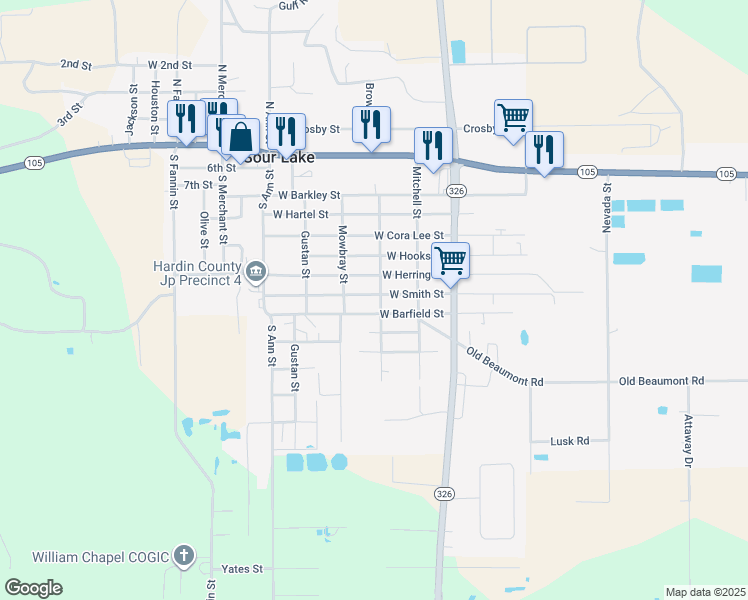map of restaurants, bars, coffee shops, grocery stores, and more near 730 Lee Street in Sour Lake