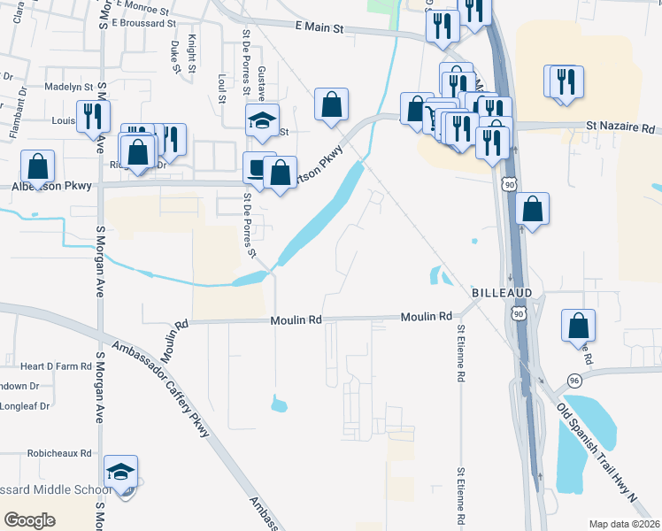 map of restaurants, bars, coffee shops, grocery stores, and more near 105 Reservoir Road in Broussard