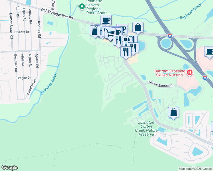 map of restaurants, bars, coffee shops, grocery stores, and more near 5747 Parkstone Crossing Drive in Jacksonville