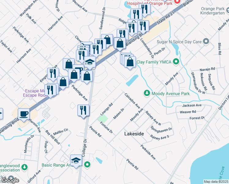map of restaurants, bars, coffee shops, grocery stores, and more near 971 Doshire Drive in Orange Park