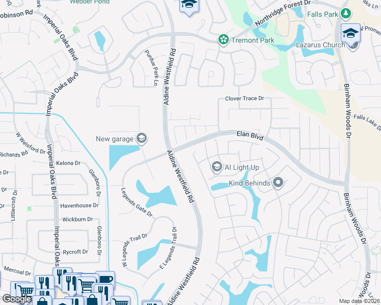 map of restaurants, bars, coffee shops, grocery stores, and more near 30619 Hackinson Drive in Spring