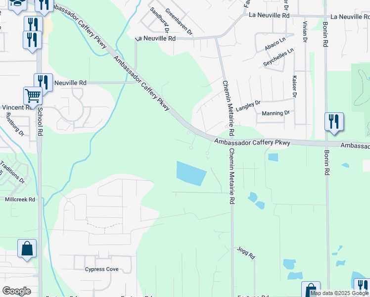 map of restaurants, bars, coffee shops, grocery stores, and more near Ambassador Caffery Parkway in Lafayette