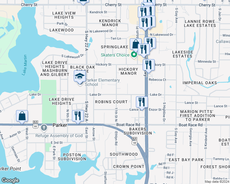 map of restaurants, bars, coffee shops, grocery stores, and more near 632 11th Street North in Panama City