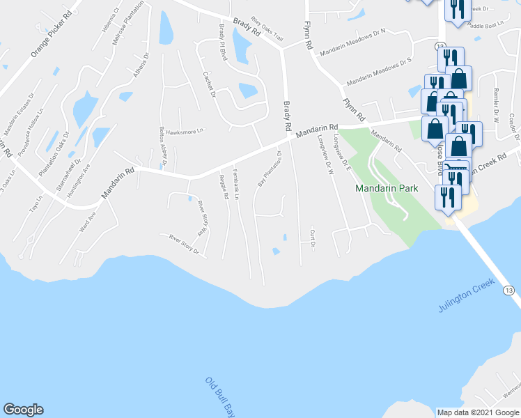 map of restaurants, bars, coffee shops, grocery stores, and more near 12819 Bay Plantation Drive in Jacksonville