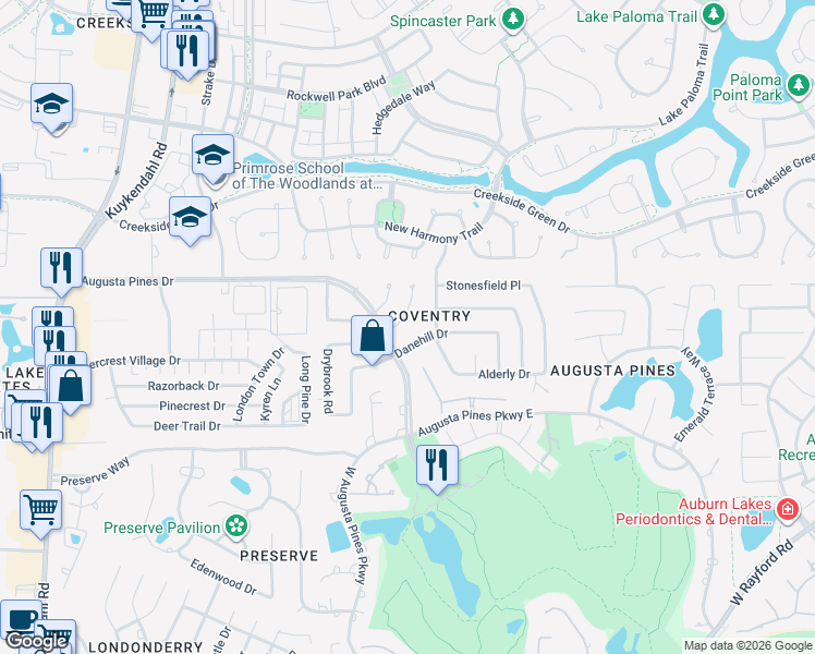 map of restaurants, bars, coffee shops, grocery stores, and more near 7631 Post Bridge Rd in Spring