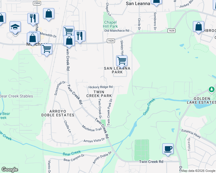 map of restaurants, bars, coffee shops, grocery stores, and more near 4 Double Elm Drive in Manchaca