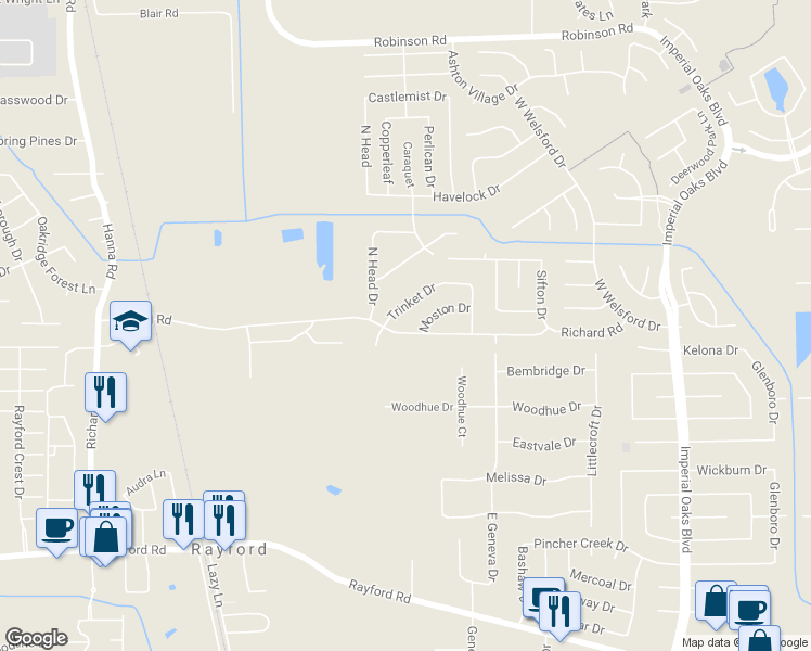map of restaurants, bars, coffee shops, grocery stores, and more near 25823 Richards Road in Spring