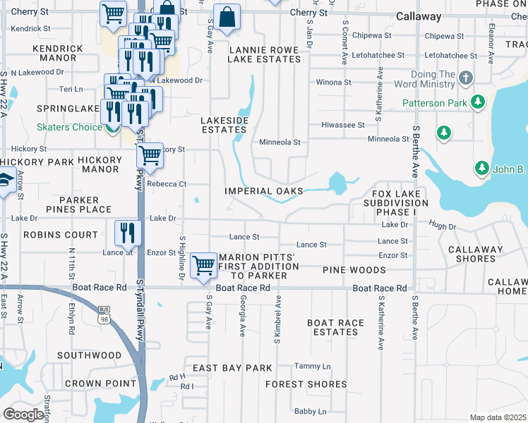 map of restaurants, bars, coffee shops, grocery stores, and more near 643 Old Hickory Street in Panama City