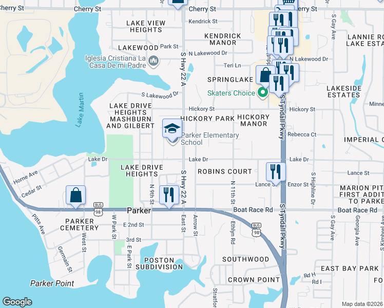map of restaurants, bars, coffee shops, grocery stores, and more near 636 Arrow Street in Panama City