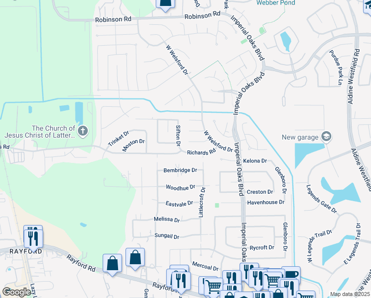 map of restaurants, bars, coffee shops, grocery stores, and more near 26307 Richards Road in Spring